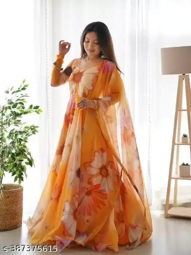Georgette Printed Gown with Dupatta for Women (Orange, S)