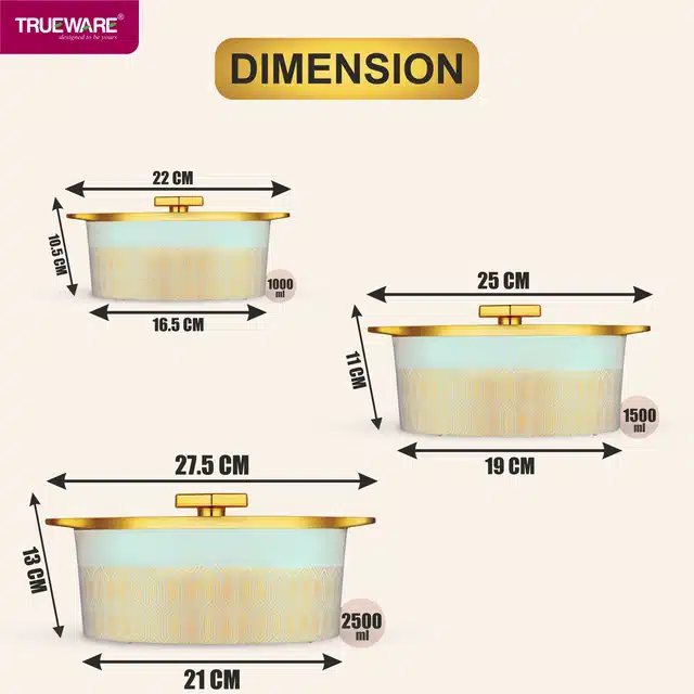 Combo of 1000 ml, 1500 ml & 2500 ml Casserole with Lid (Gold & Light Green, Pack of 3)