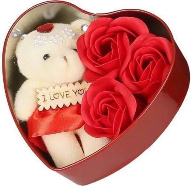 Artificial Roses with Teddy Bear Valentine's Day Gift Box (Multicolor)