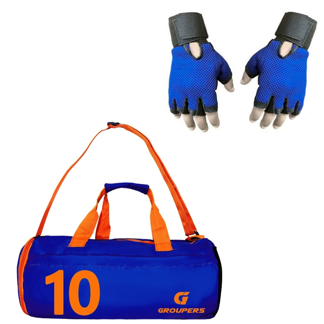 Polyester Printed Gym Bag with Gloves for Men & Women (Blue, Set of 1)