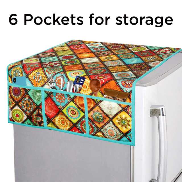 Polyester 3 Layered Digital Printed Fridge Top Cover Refrigerator Cover With 6 Utility Pockets (Multicolor, 39x21 Inches) (E-63)