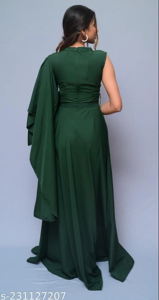 Crepe Solid Gown for Women (Bottle Green, M)