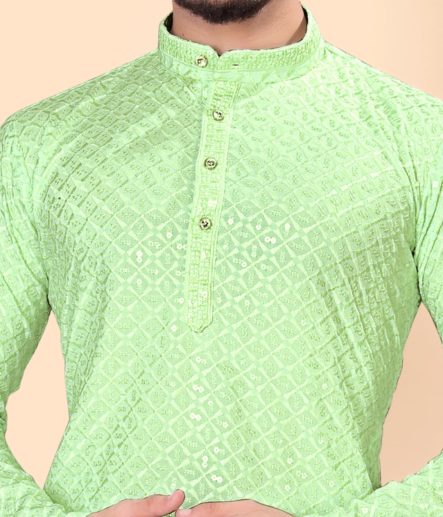 Cotton Blend Embroidered Kurta for Men (Mint Green, S)