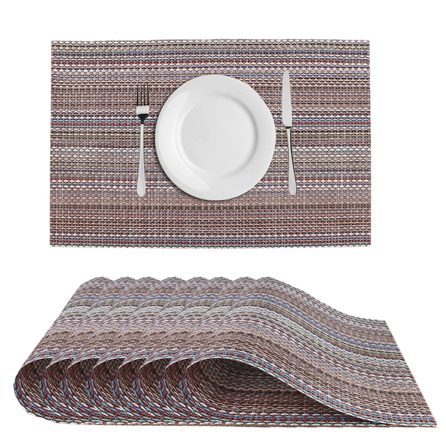 PVC Waterproof Rectangle Striped Table Mats (Brown, 45x30 cm) (Pack of 8)