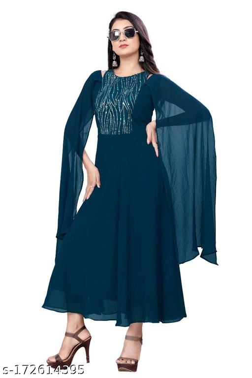 Georgette Embellished Dress for Women (Teal, S)