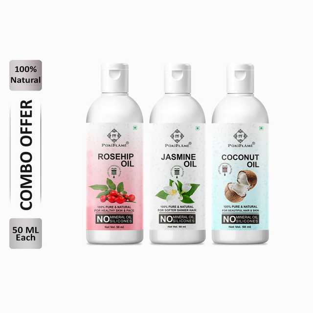 Puriflame Pure Rosehip Oil (50 ml), Jasmine Oil (50 ml) & Coconut Oil (50 ml) Combo for Rapid Hair Growth (Pack of 3) (B-13343)