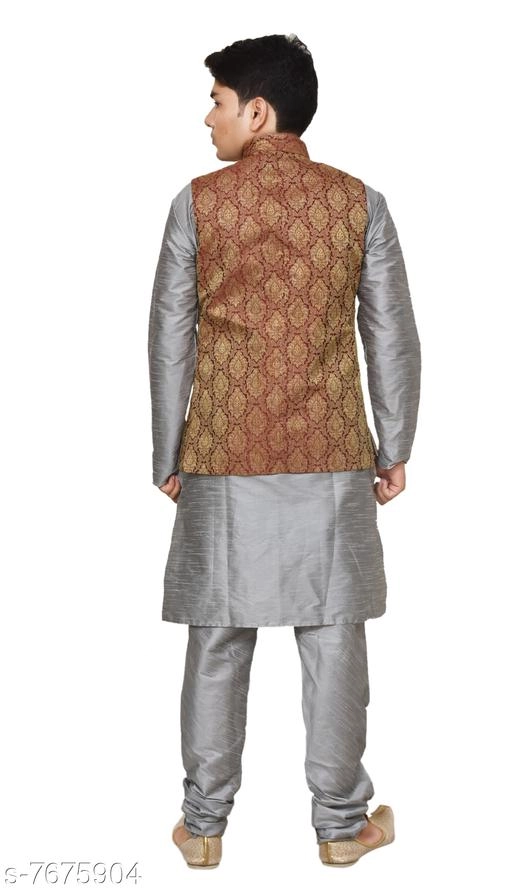 Dupion Silk Solid Kurta with Pyjama & Jacket for Men (Grey & Brown, S)