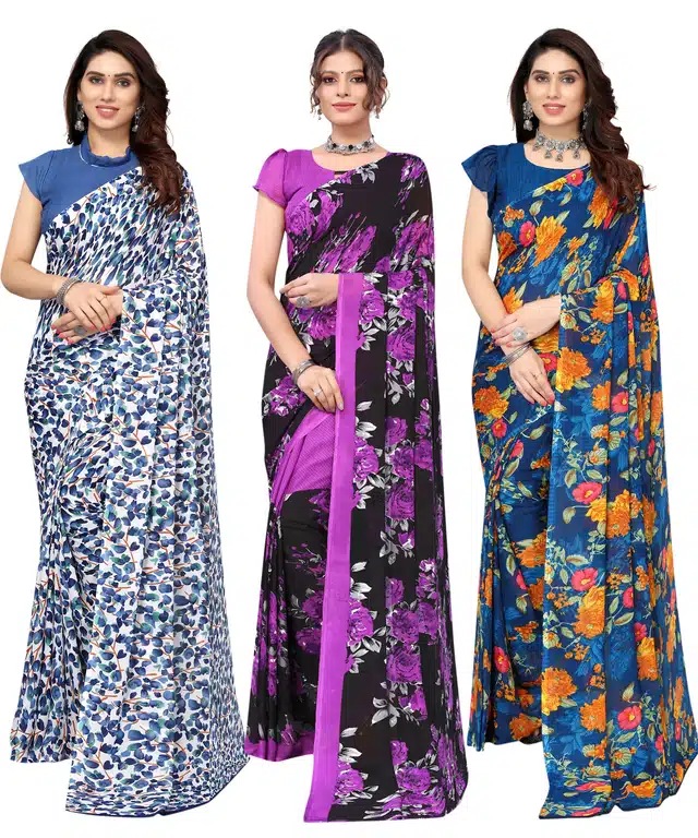 Women's Designer Floral Printed Saree with Blouse Piece (Pack of 3) (Multicolor) (SD-177)