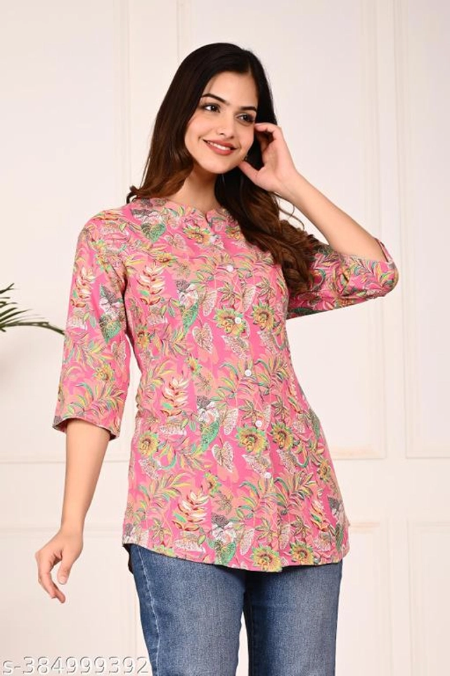 Rayon Three Quarter Sleeves Top for Women (Pink, S)