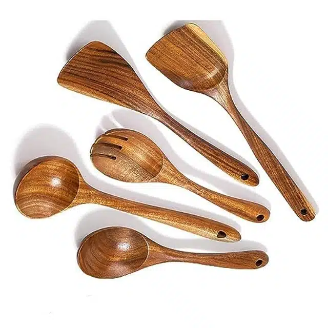 Wooden Cooking & Serving Spoons (Brown, Set of 5)