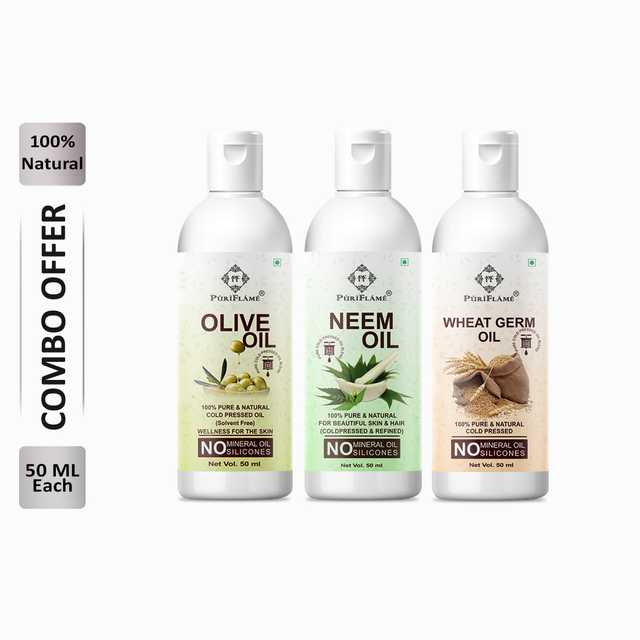 Puriflame Pure Olive Oil (50 ml), Neem Oil (50 ml) & Wheat Germ Oil (50 ml) Combo for Rapid Hair Growth (Pack Of 3) (B-12487)