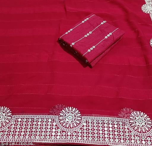 Satin Embroidered Saree for Women (Red, 6.3 m)