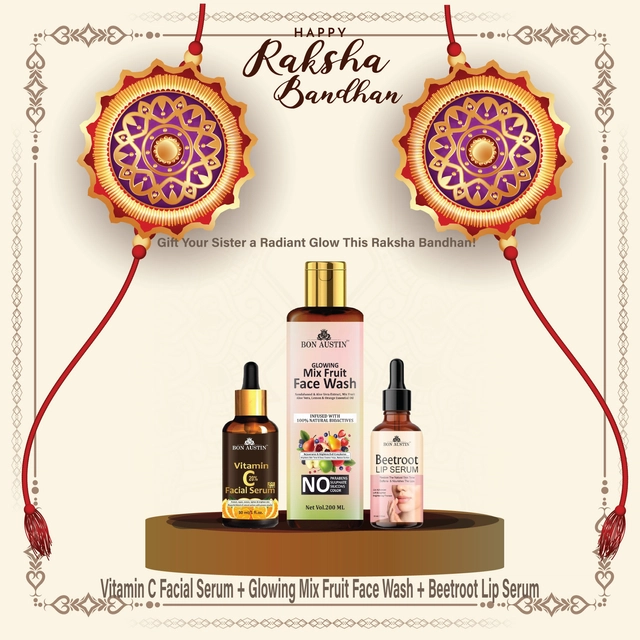 Combo of Bon Austin Vitamin C Serum (30 ml) with Glowing Mix Fruit Face Wash (200 ml) & Beetroot Lip Serum (30 ml) (Set of 3)