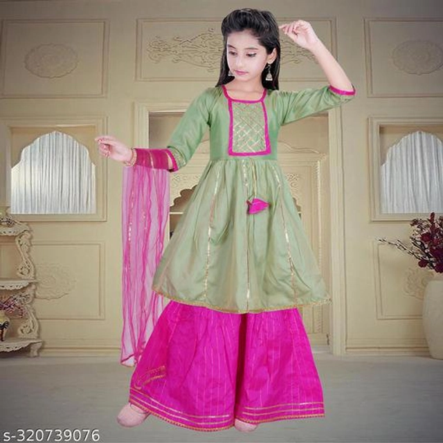 Dupion Silk Kurta Sets for Girls (Green & Pink, 2-3 Years)