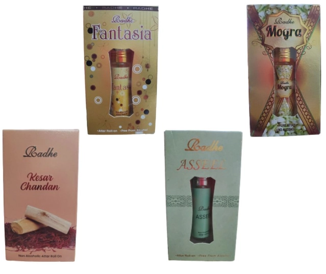 Combo of Radhe Mogra with Kesar Chandan, Fantasia & Asseel Non Alcoholic Rool On Attars (6 ml, Pack of 4)