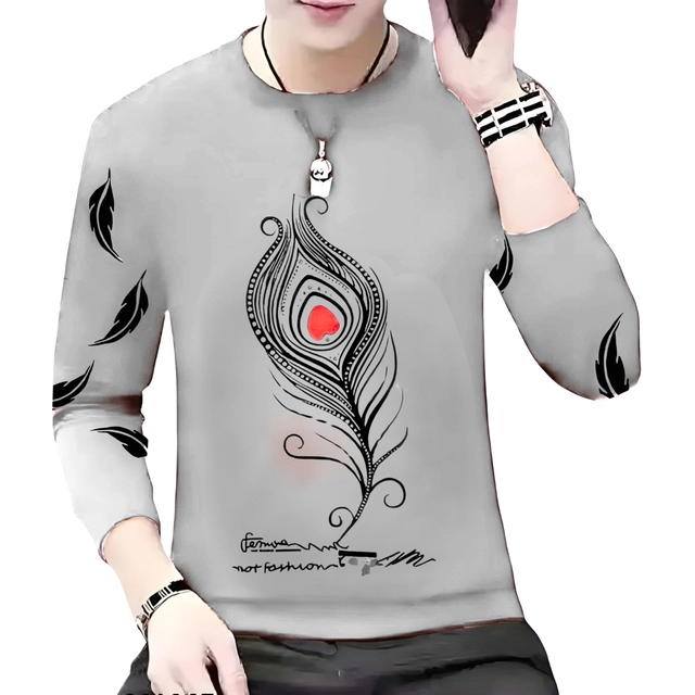 Round Neck Printed T-Shirt for Men (Grey, S)