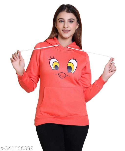 Fleece Printed Hoodie for Women (Red, M)