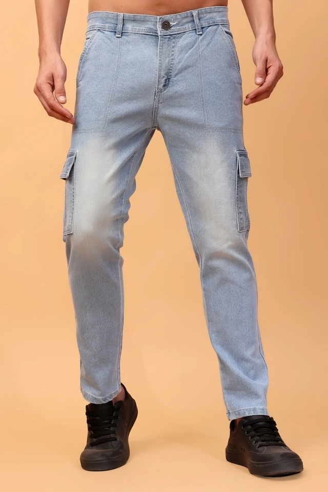 Cotton Blend Cargo Jeans for Men (Sky Blue, 28)