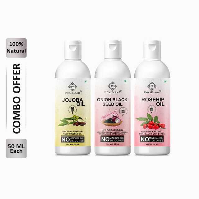 Puriflame Pure Jojoba Oil (50 ml), Onion Black Seed Oil (50 ml) & Rosehip Oil (50 ml) Combo for Rapid Hair Growth (Pack Of 3) (B-11583)