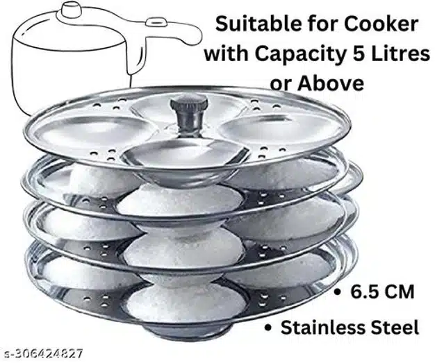 Stainless Steel 4 Plate Idli Maker with Tadka Pan (Silver, Set of 2)