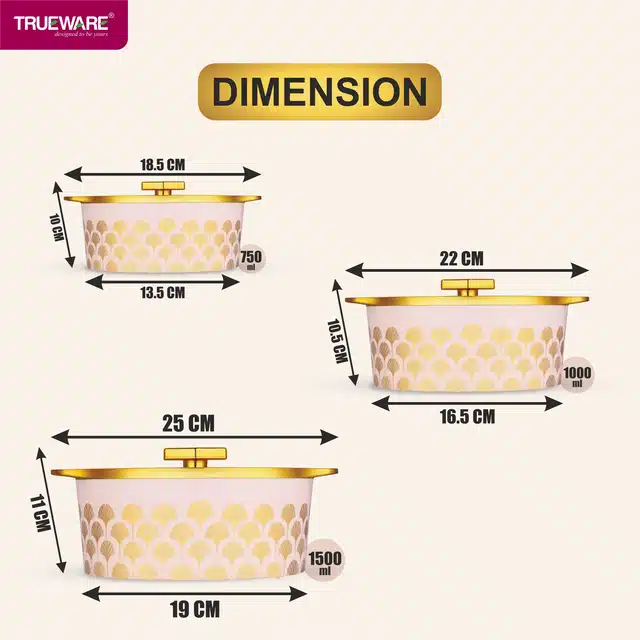 Combo of 750 ml, 1000 ml & 1500 ml Casserole with Lid (Gold & Light Pink, Pack of 3)