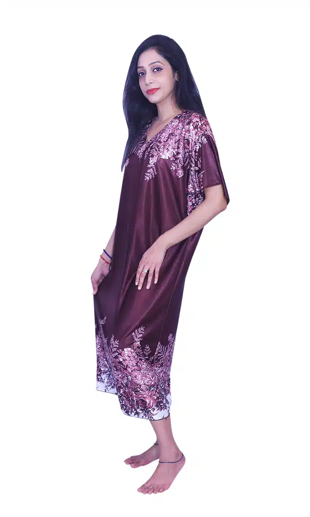 Satin Printed Night Dress for Women (Brown, Free Size)