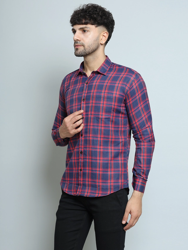 Full Sleeves Checked Shirt for Men (Red & Blue, M)