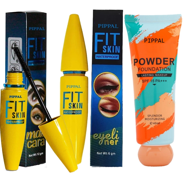 Pippal Orange Tube Powder Fondation (40 ml) with Fit Skin Mascara (12 ml) & Eyeliner (6 ml) (Set of 3)