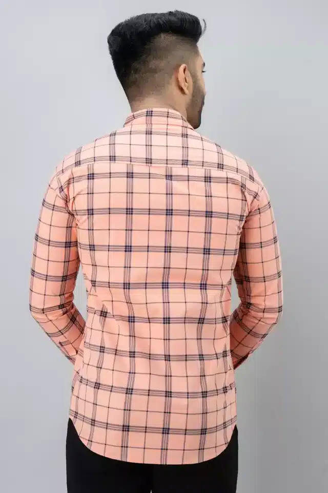 Men's Checkered Full Sleeves Shirt (Peach, L)