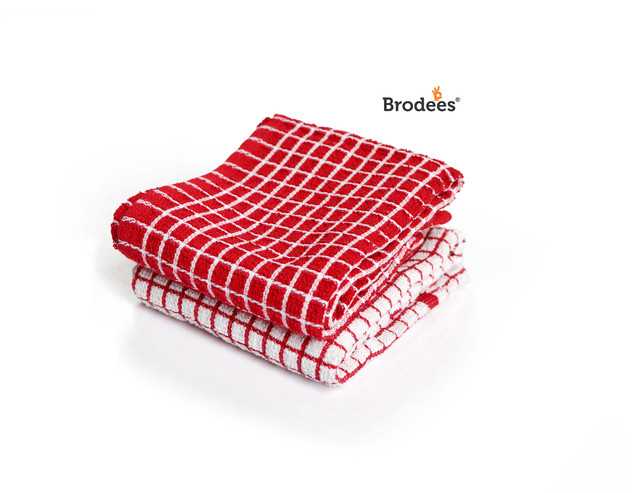 Brodees Cotton Mini Check Terry Kitchen Towel (Pack of 2, Red and White) (RI-7)