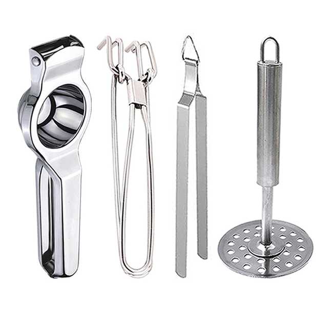 Stainless Steel Lemon Squeezer & Pakkad & Roti Chimta & Potato Masher For Kitchen