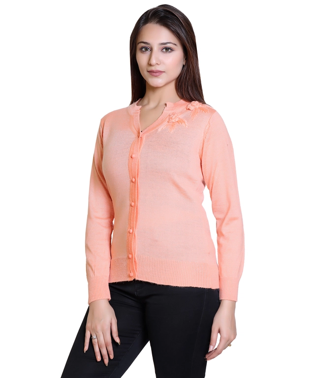 V Neck Solid Cardigans for Women (Peach, M)