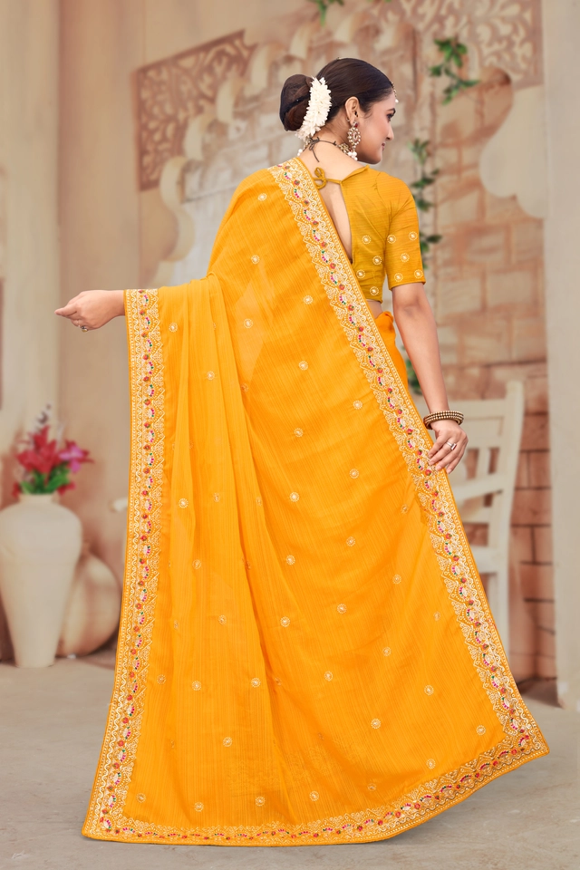 Chiffon Embroidered Saree for Women (Yellow, 6.3 m)