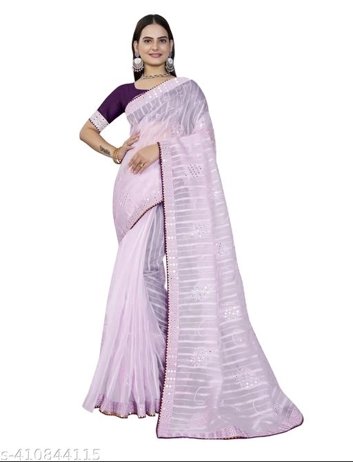 Organza Embroidered Saree for Women (Lavander, 6.3 m)