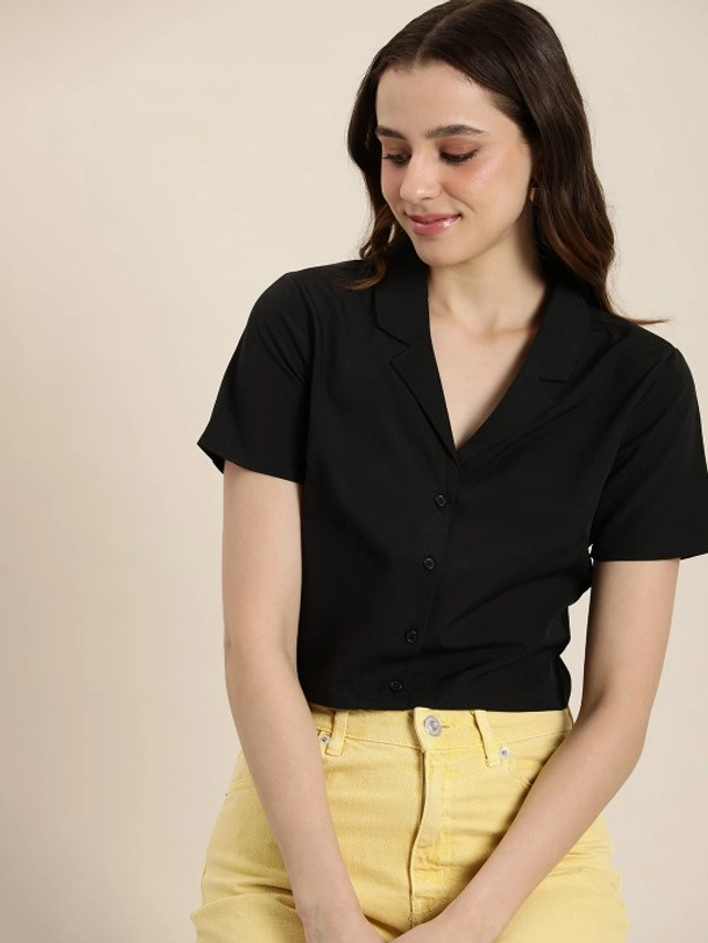 Half Sleeves Solid Crop Shirt for Women (Black, S)