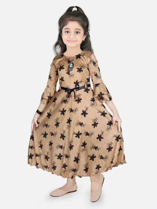 Three Quarter Sleeves Gown for Girls (Brown, 9-10 Years)