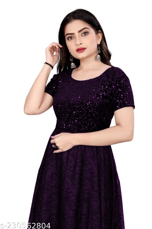 Net Embellished Gown for Women (Wine, S)