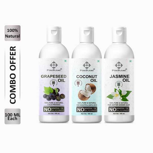 PuriFlame Pure Grapeseed Oil (100 ml) & Coconut Oil (100 ml) & Jasmine Oil (100 ml) Combo For Rapid Hair Growth (Pack Of 3) (B-4436)
