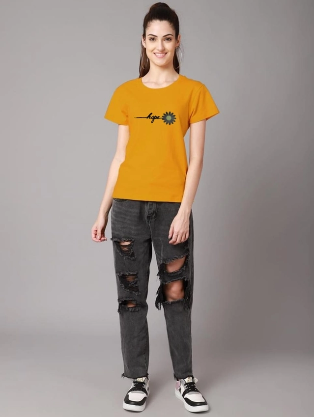 Round Neck Printed T-Shirt for Women (Mustard, S)