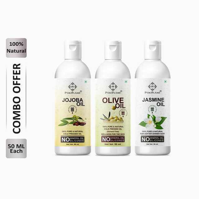 Puriflame Pure Jojoba Oil (50 ml), Olive Oil (50 ml) & Jasmine Oil (50 ml) Combo for Rapid Hair Growth (Pack Of 3) (B-11561)
