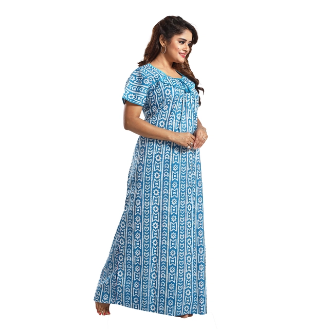 Satin Printed Feeding Nighty for Women (Aqua Blue, Free Size)