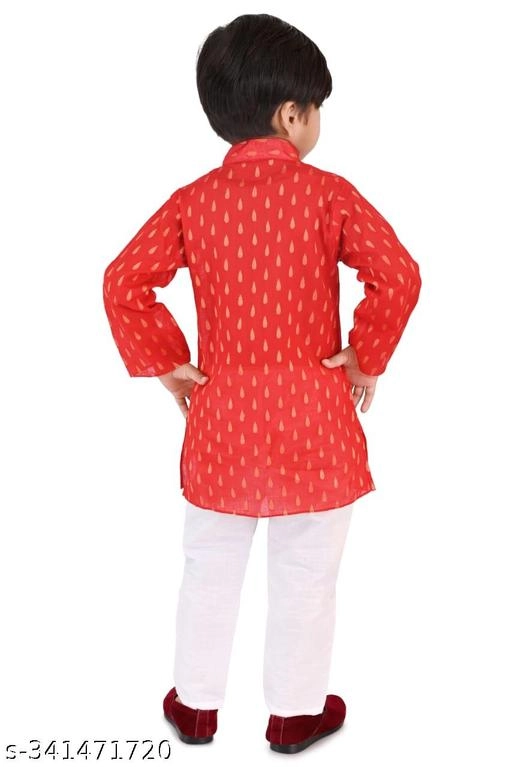 Cotton Blend Printed Kurta with Pyjama for Boys (Red & White, 0-3 Months)