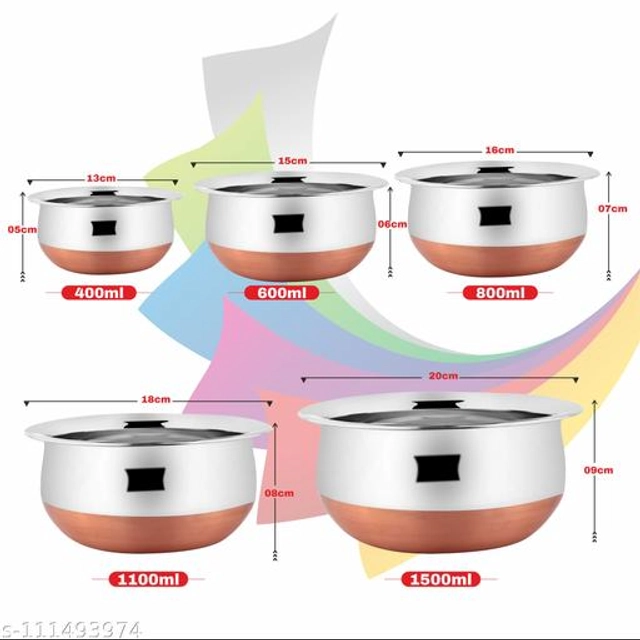 Stainless Steel Copper Bottom Handi Pot Set with Lid (Silver, Set of 5)