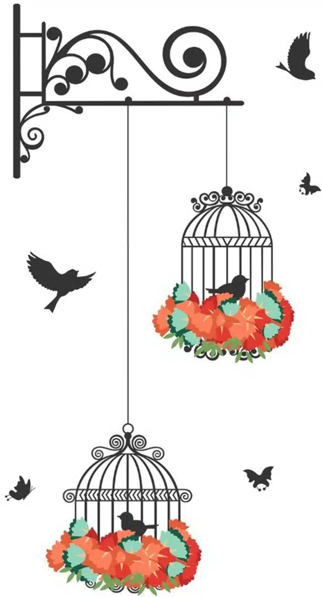 Hanging Birds Cage with Flowers Self Adhesive Wall Stickers