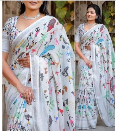 Linen Printed Saree for Women (Multicolor, 6.3 m)