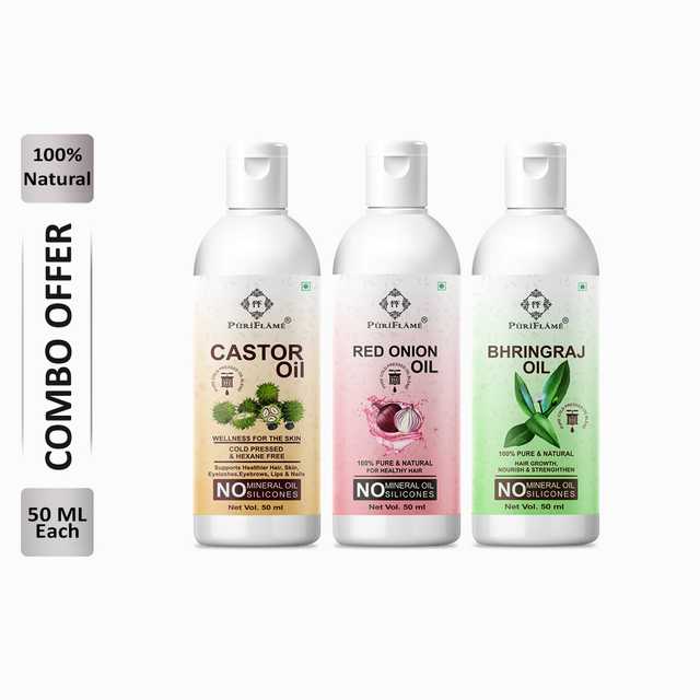 Puriflame Pure Castor Oil (50 ml), Red Onion Oil (50 ml) & Bhringraj Oil (50 ml) Combo for Rapid Hair Growth (Pack of 3) (B-10059)
