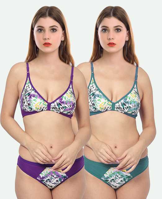 PIBU Cotton Lingerie Set for Women (Pack of 2) (Purple & Green, 36) (P-70)