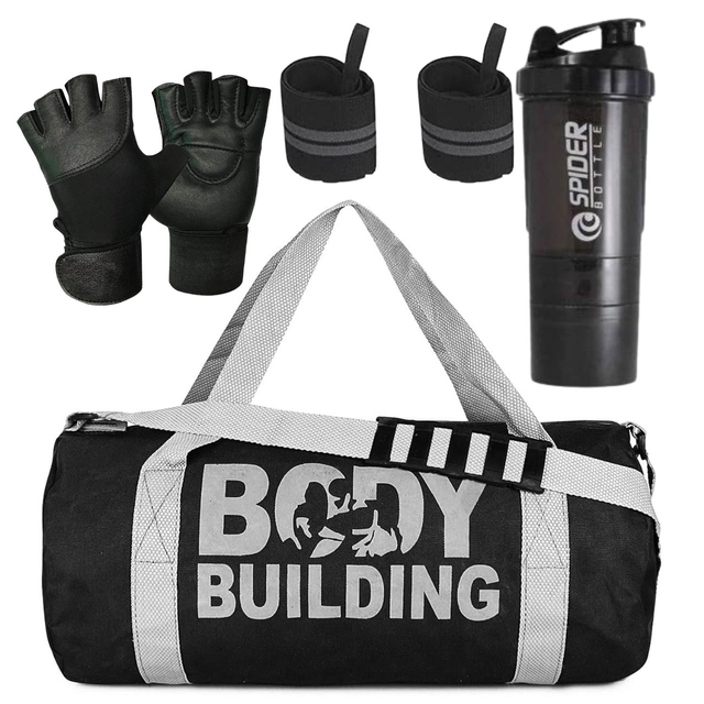 Polyester Printed Gym Bag with 2 Pcs Writ Band, Gloves & Shaker Bottle (500 ml) for Men & Women (Multicolor, Set of 1)