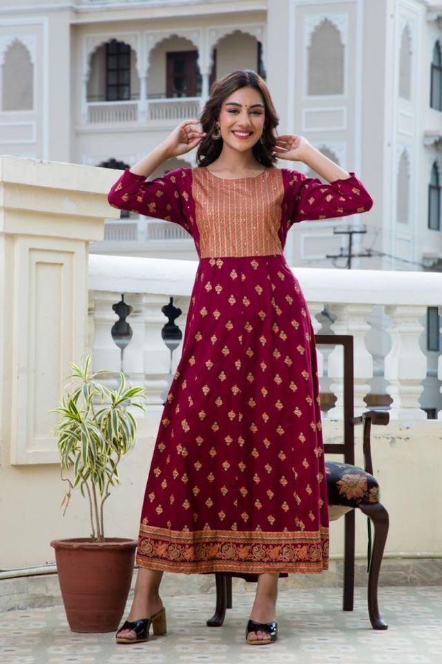 Anarkali Floral Print Rayon Kurta Dress (Maroon, XL)