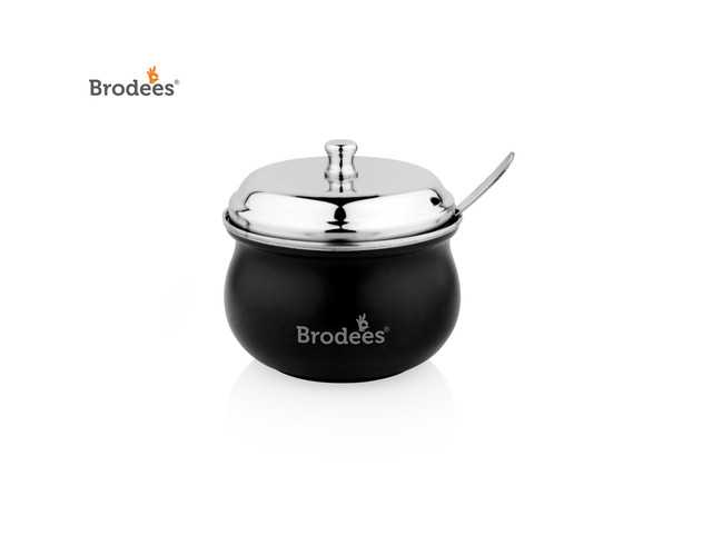 BRODEES Stainless Steel Ghee Pot W/Spoon Steel Utility Container (375 ml) (Black) (A-37)
